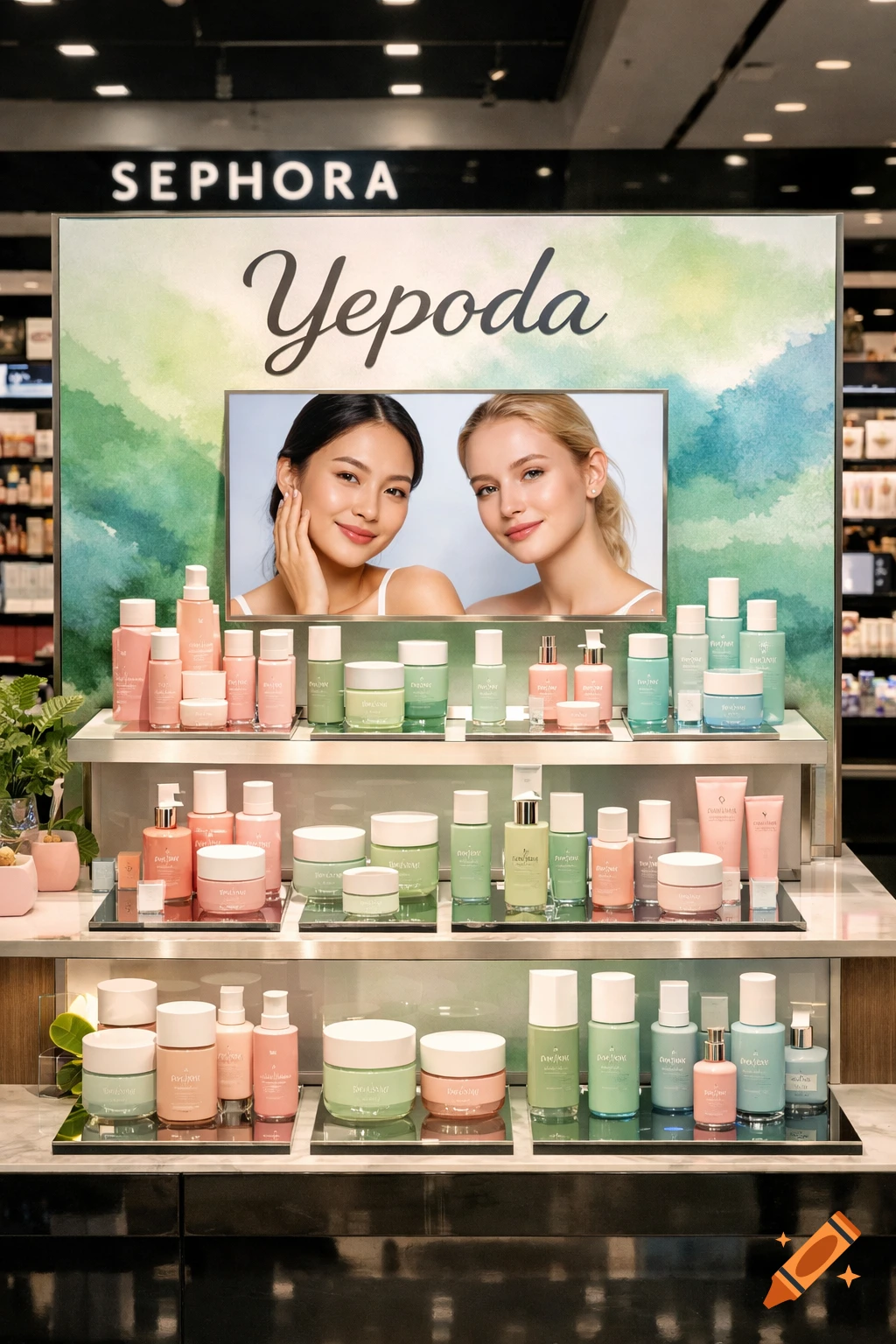 A bright Sephora retail display featuring Yepoda skincare products in pink and green bottles, with a backdrop showing two smiling models.