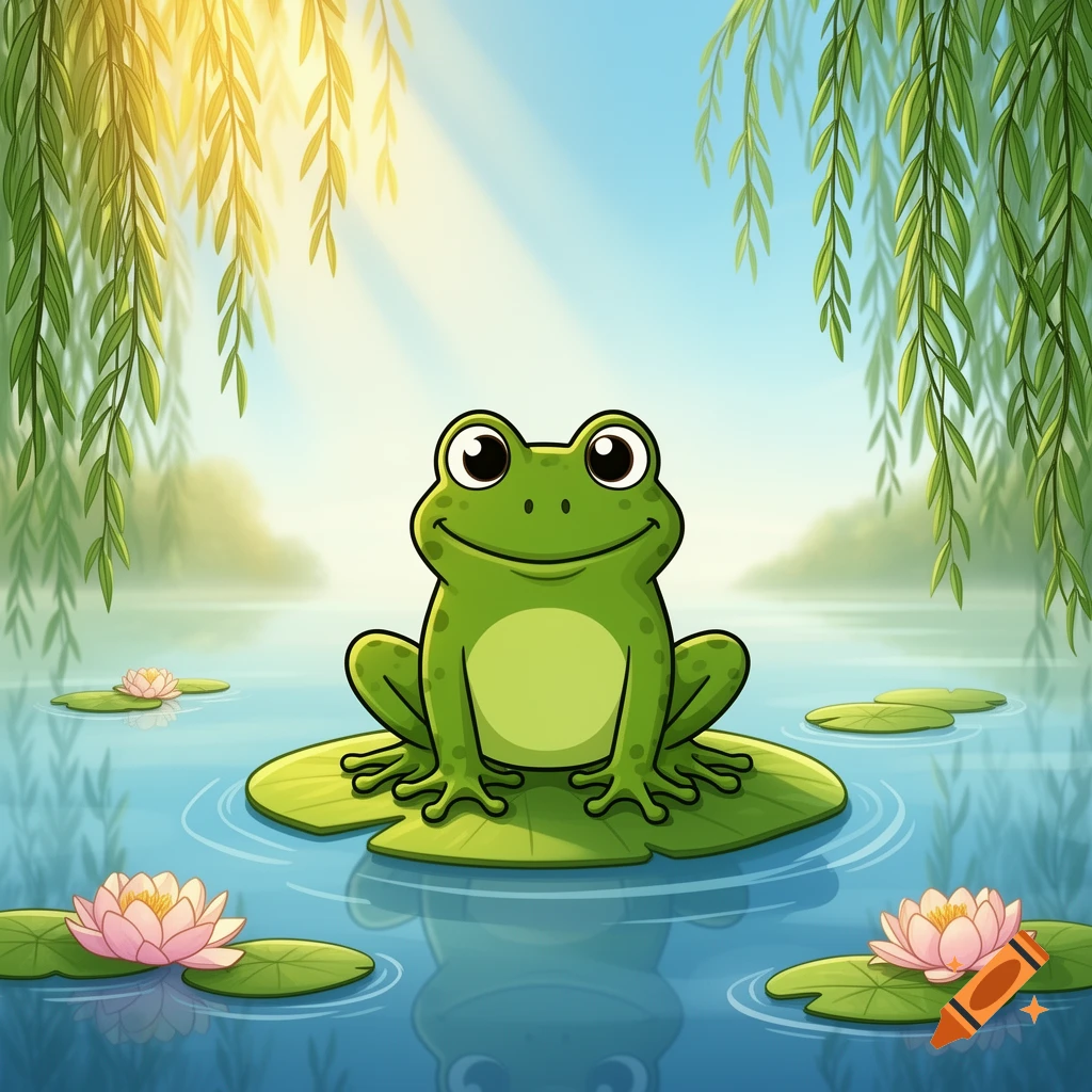 A happy, green cartoon frog sits on a lily pad in a pond with pink lotus flowers and weeping willow branches under sunlight.