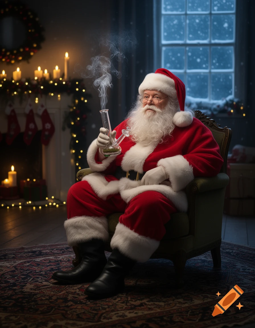 Photorealistic image of Santa Claus in a cozy room, smoking a bong while sitting in an armchair by a fireplace and snowy window.