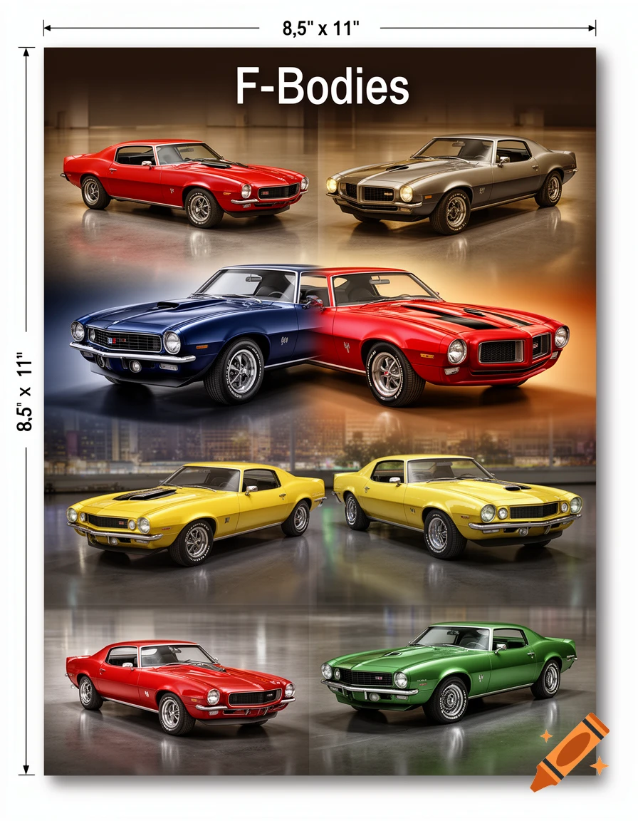 A poster titled "F-Bodies" showcasing a collection of realistic 1970s Chevrolet Camaros and Pontiac Firebirds in various colors and vintages.