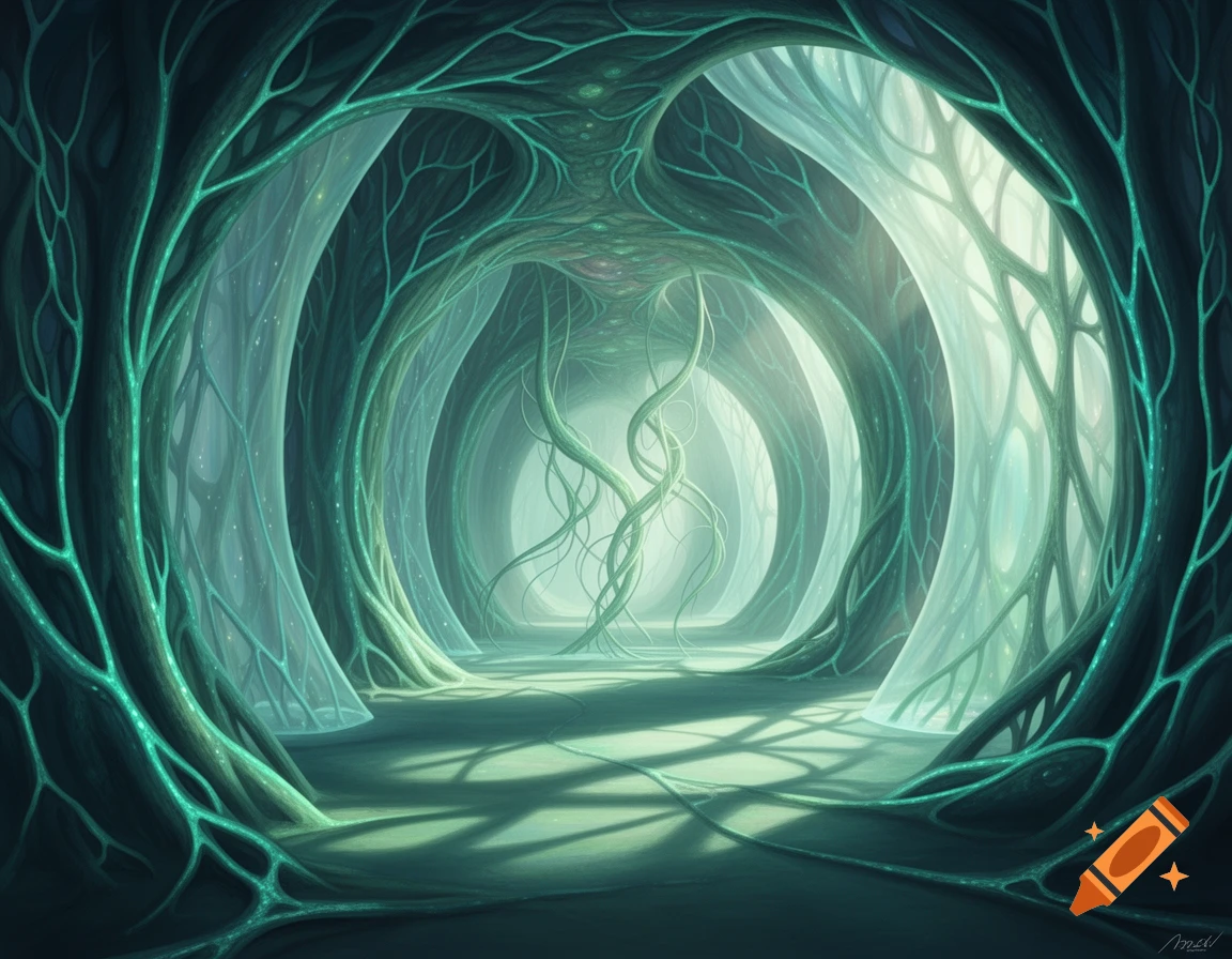 Ethereal biological tunnel with glowing green roots and light at the end, fantasy art style.