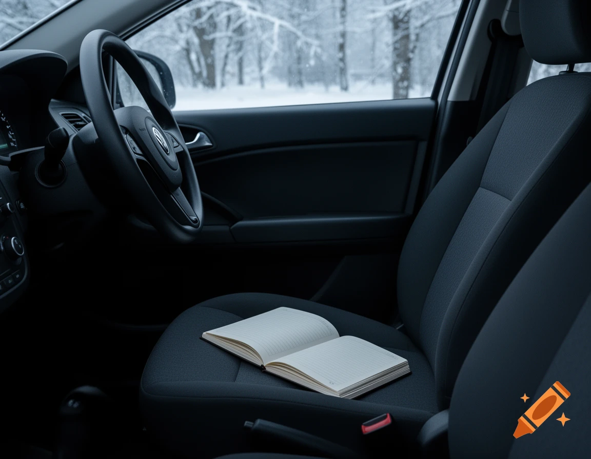 Photorealistic car interior with an open notebook on the passenger seat, steering wheel, and snowy trees outside.