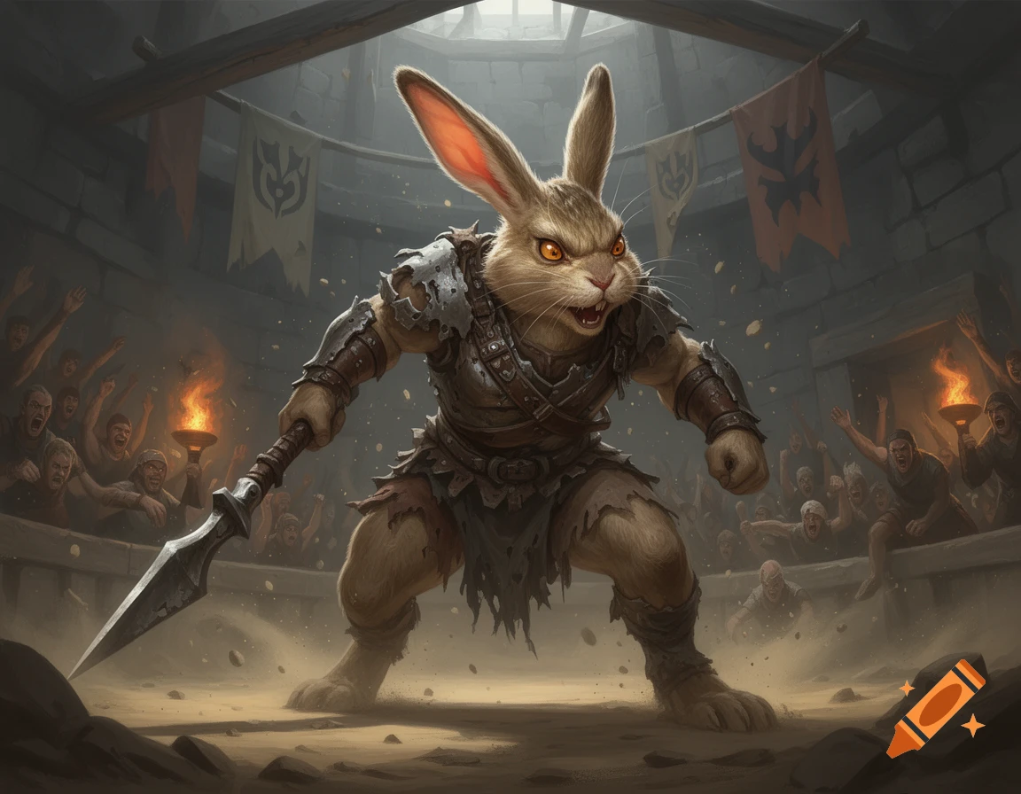 A muscular, armored, anthropomorphic rabbit fighter holding a spear in a coliseum with a cheering crowd.