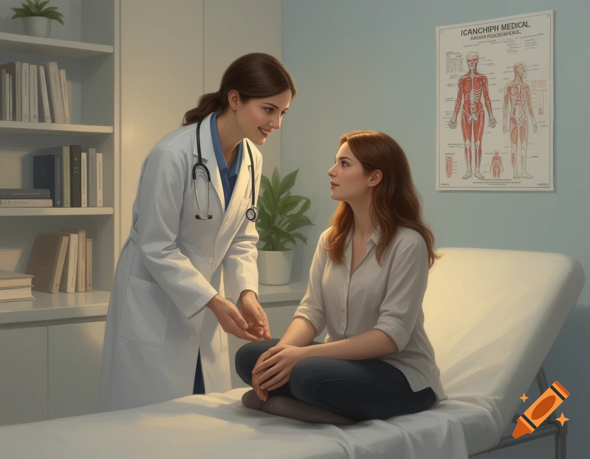 A female doctor in a white coat talks to a female patient sitting on an examination table in a medical office.