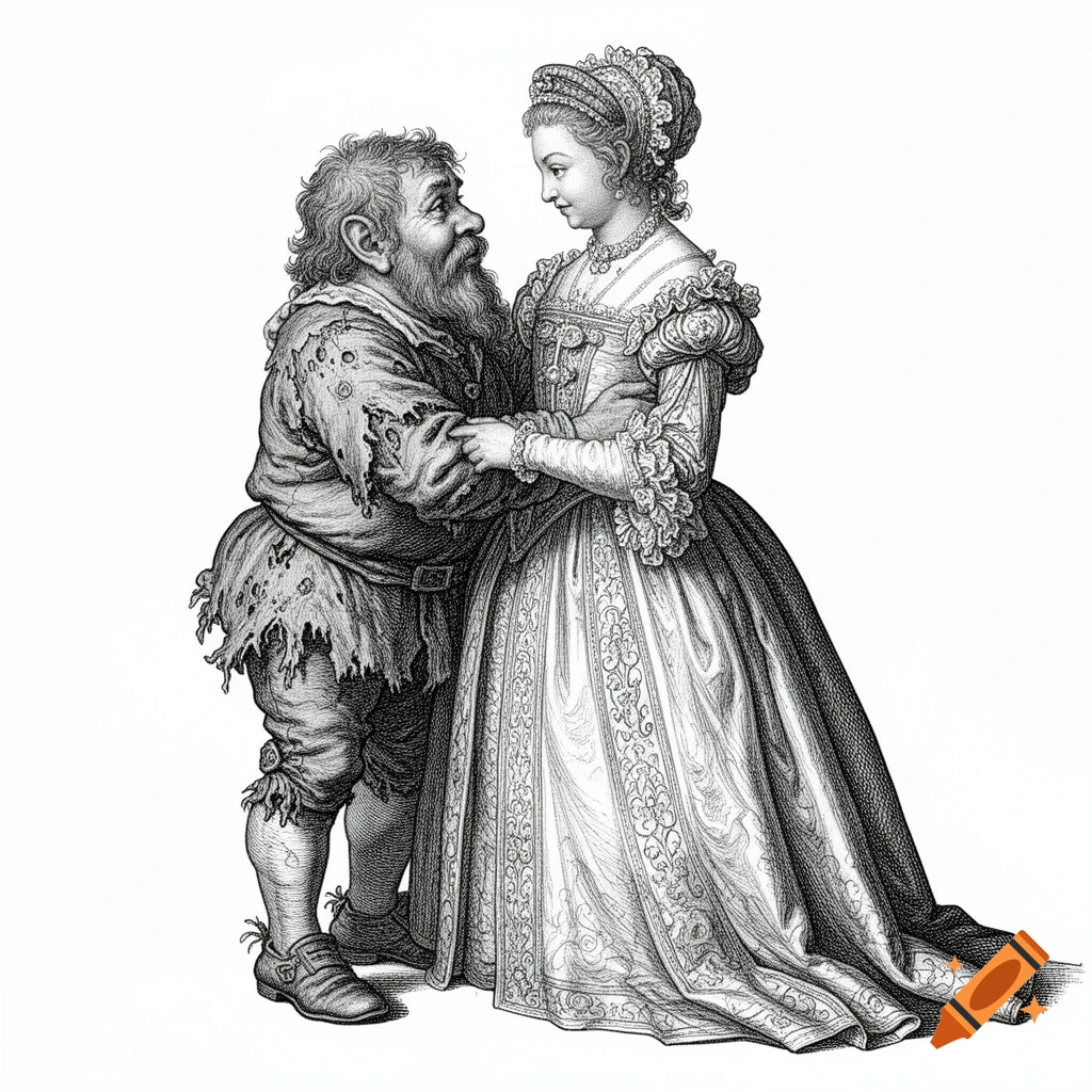 Black and white engraving of a bearded dwarf man in rags embracing a noble dwarf woman in a Renaissance-style dress, looking at each other on a white background.