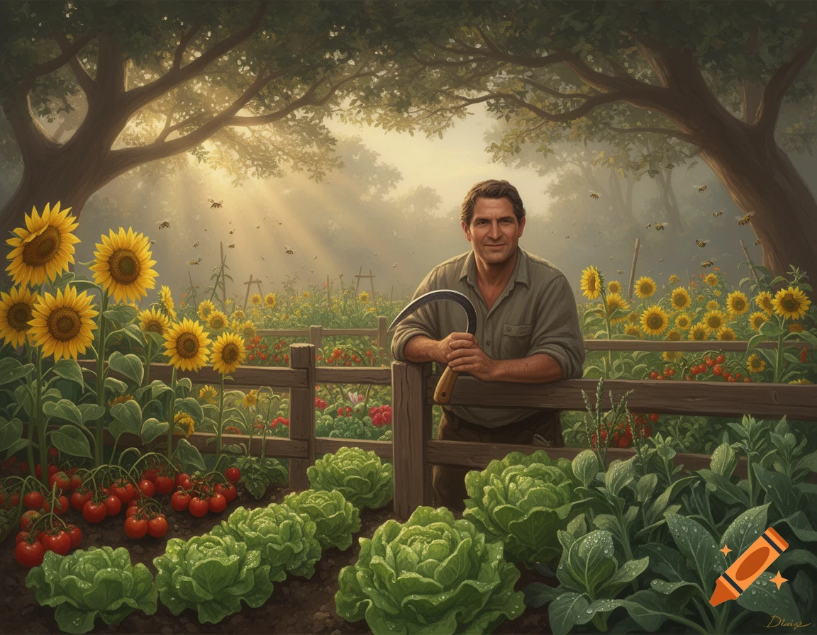 Smiling farmer with a sickle leans on a garden fence. Sunflowers, tomatoes, and cabbages thrive under sun rays filtering through trees.