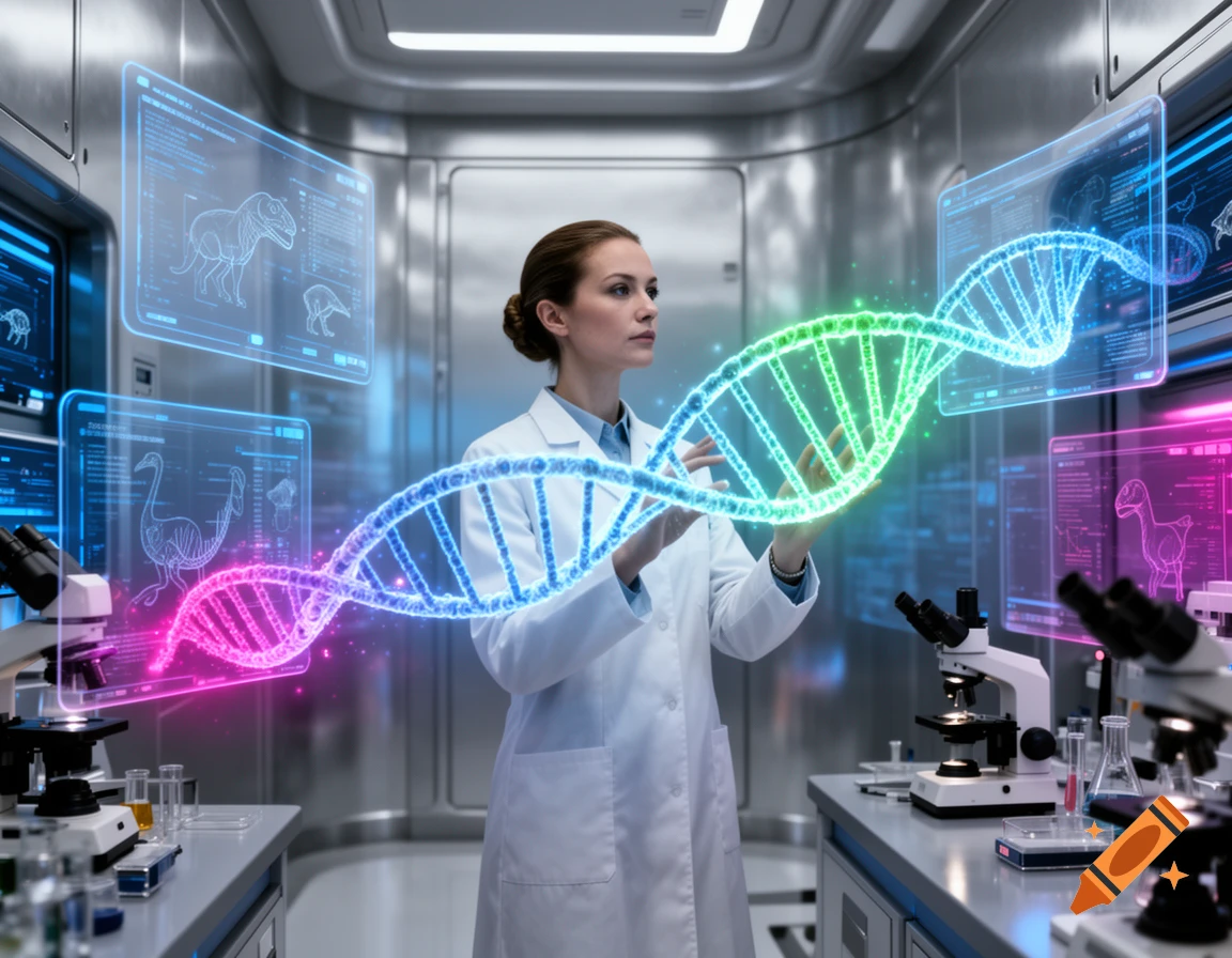 A female geneticist in a futuristic lab manipulates a glowing DNA helix hologram, surrounded by screens displaying extinct animals.