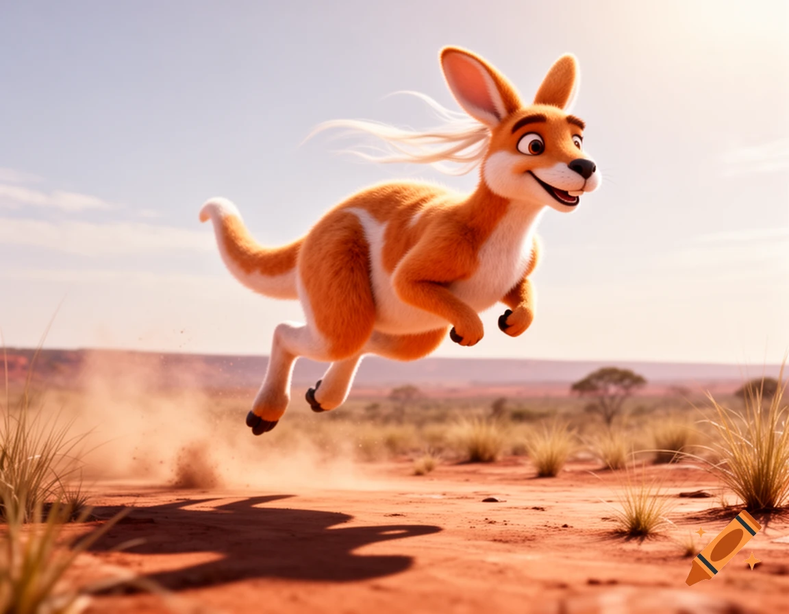 A smiling, furry cartoon kangaroo with orange and white fur leaps through a dusty, sunlit desert landscape.