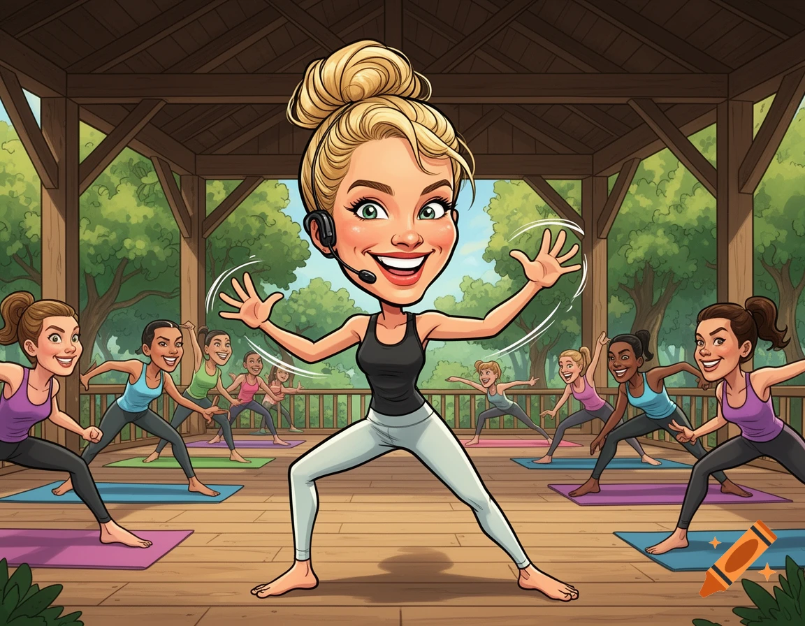 A bold cartoon caricature of a blonde female fitness instructor leading an outdoor yoga class in a wooden pavilion with students.