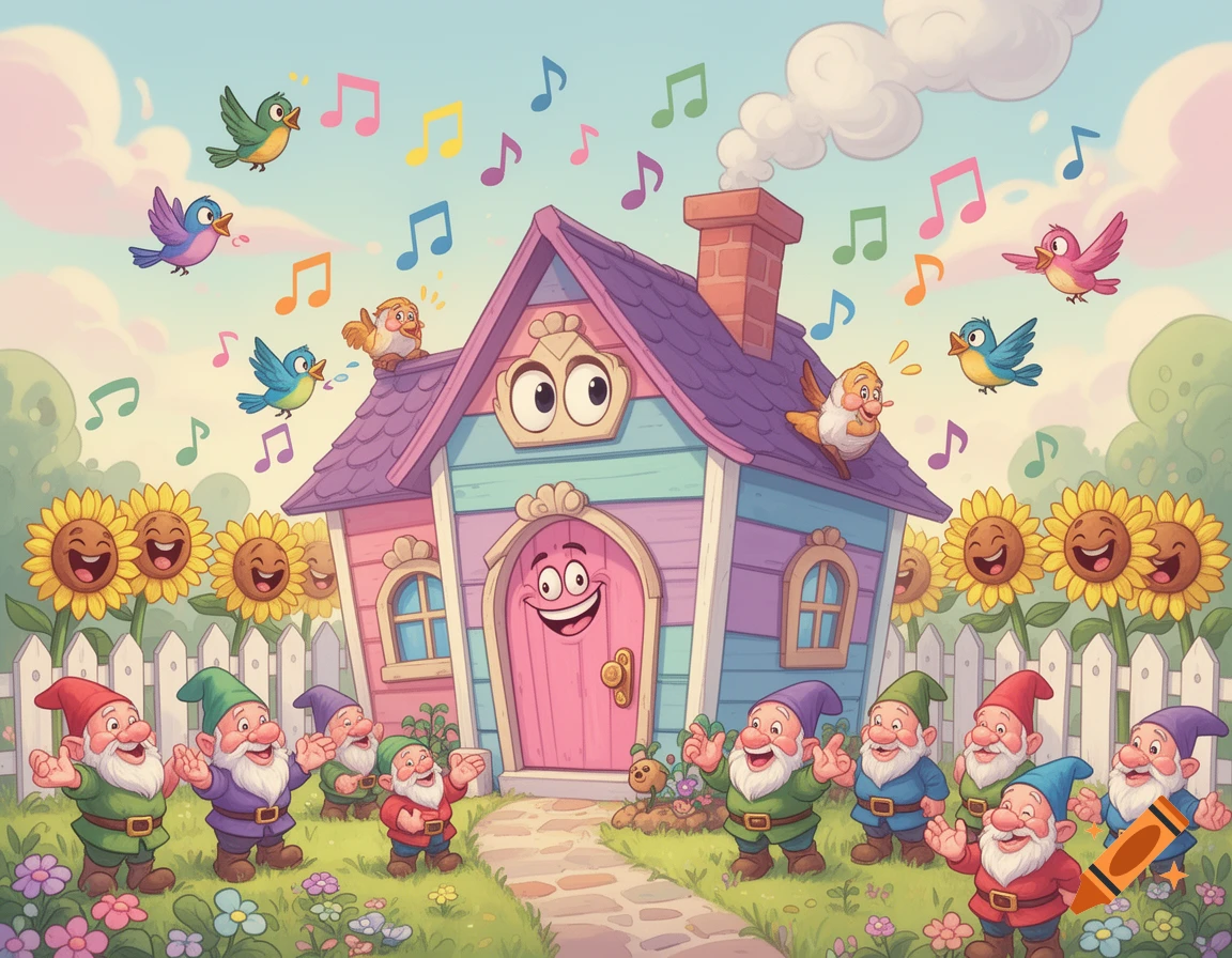 Whimsical cartoon scene of gnomes, singing birds, and smiling sunflowers around a colorful, cheerful house with musical notes floating.