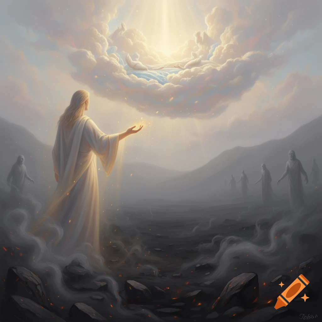 A robed figure with an outstretched glowing hand stands in a dark ...