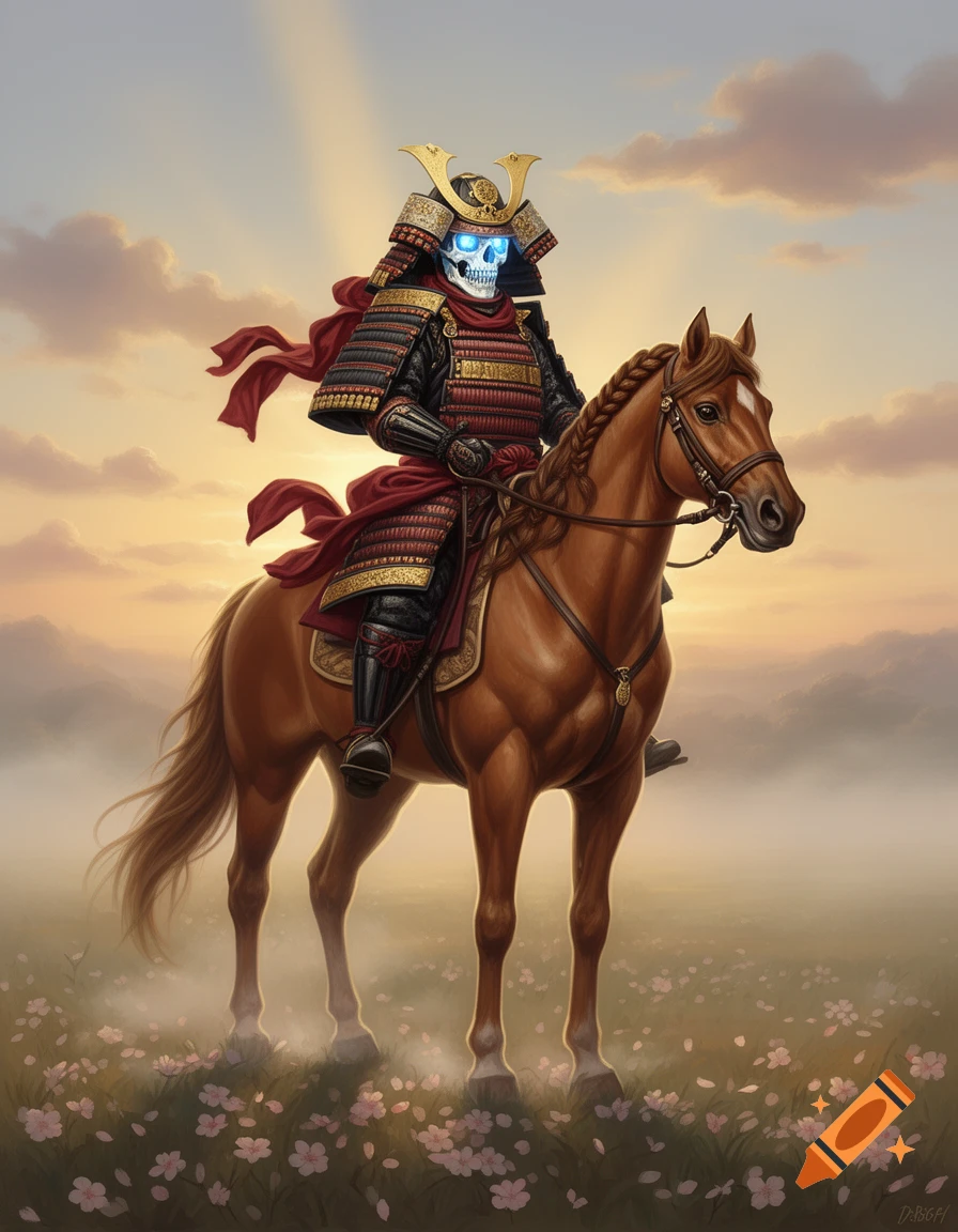 A skeletal samurai with glowing blue eyes in ornate armor rides a brown horse through a field of pink flowers at sunrise.