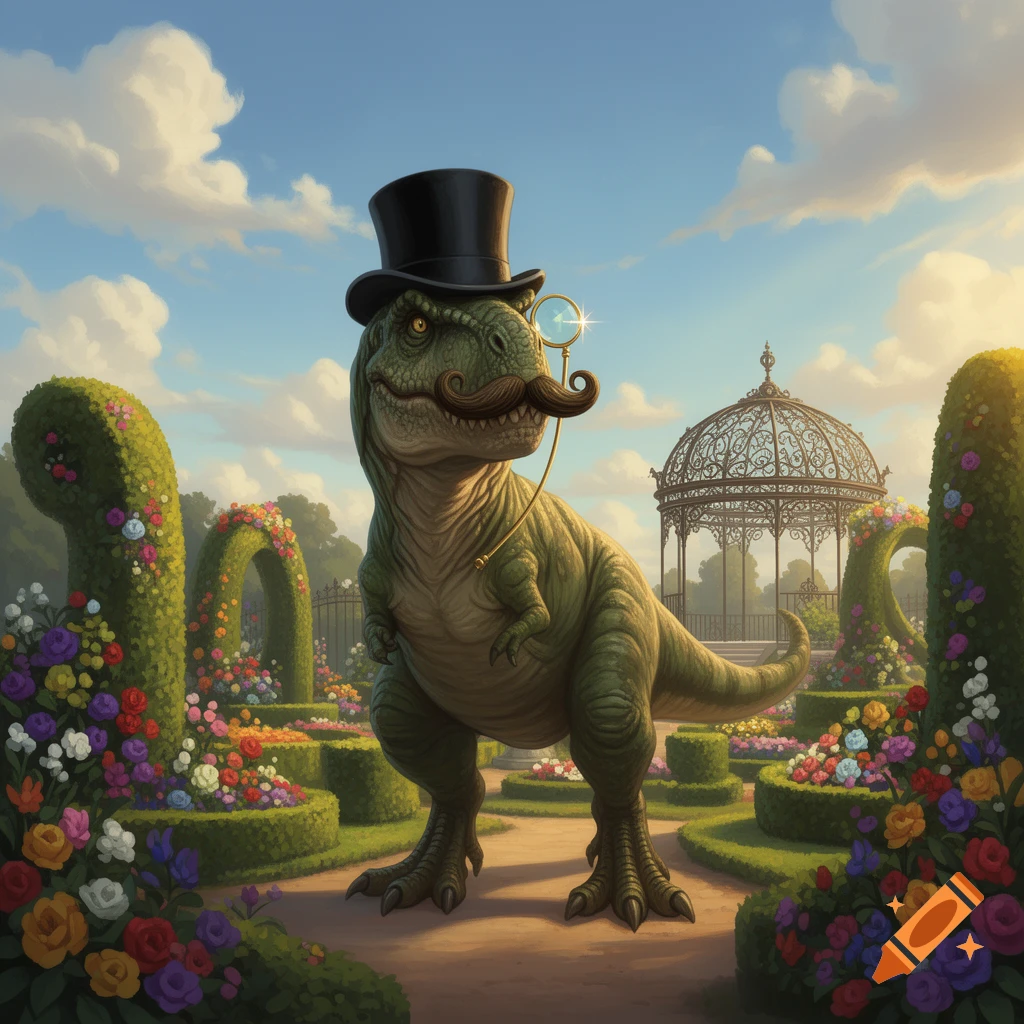 A dapper T-Rex wearing a top hat, handlebar mustache, and monocle stands in a vibrant, flowery garden with a gazebo.
