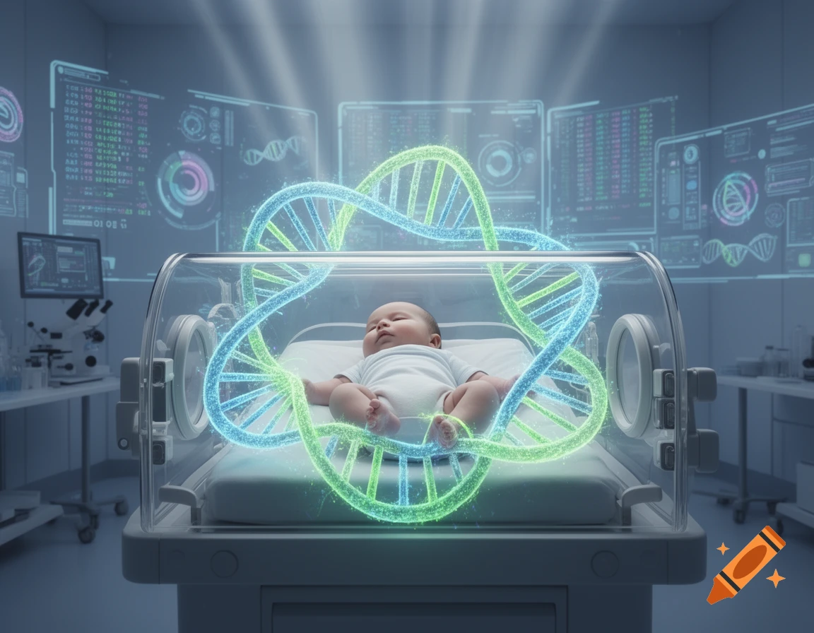 A baby sleeps peacefully in a futuristic incubator with glowing blue and green DNA strands in a high-tech lab.