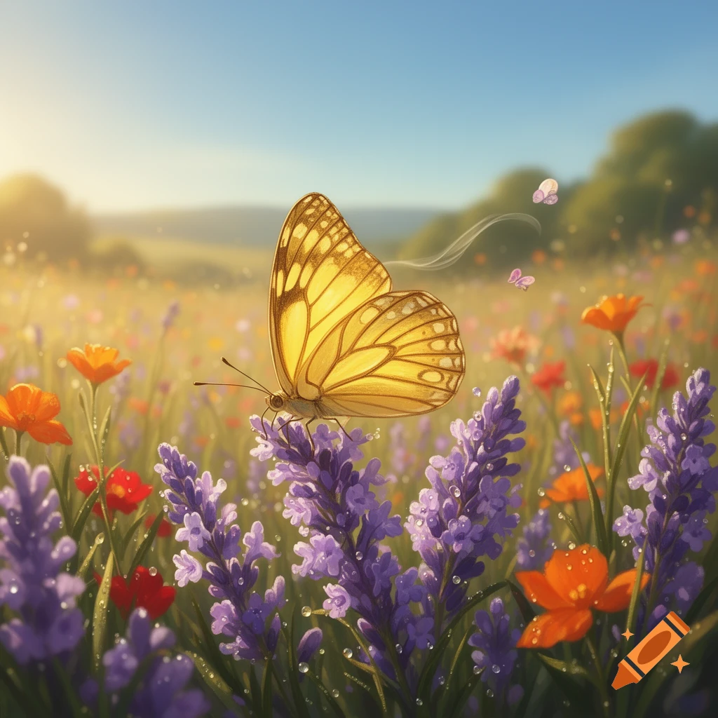 A vibrant yellow butterfly rests on purple lavender flowers in a sunny field with scattered orange and red blooms.