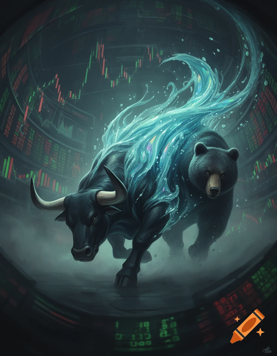 A powerful black bull and bear, both with glowing blue water flowing from them, stand in a foggy stock market room surrounded by financial charts.