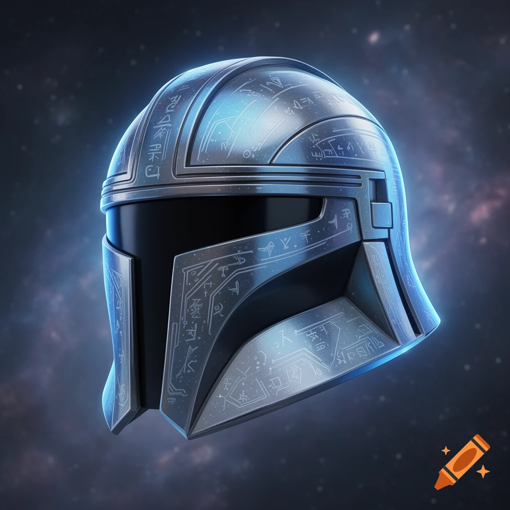 A metallic, futuristic helmet with intricate alien glyphs etched into its surface, glowing with a soft blue light against a dark, starry background. The helmet design resembles a Mandalorian helmet.