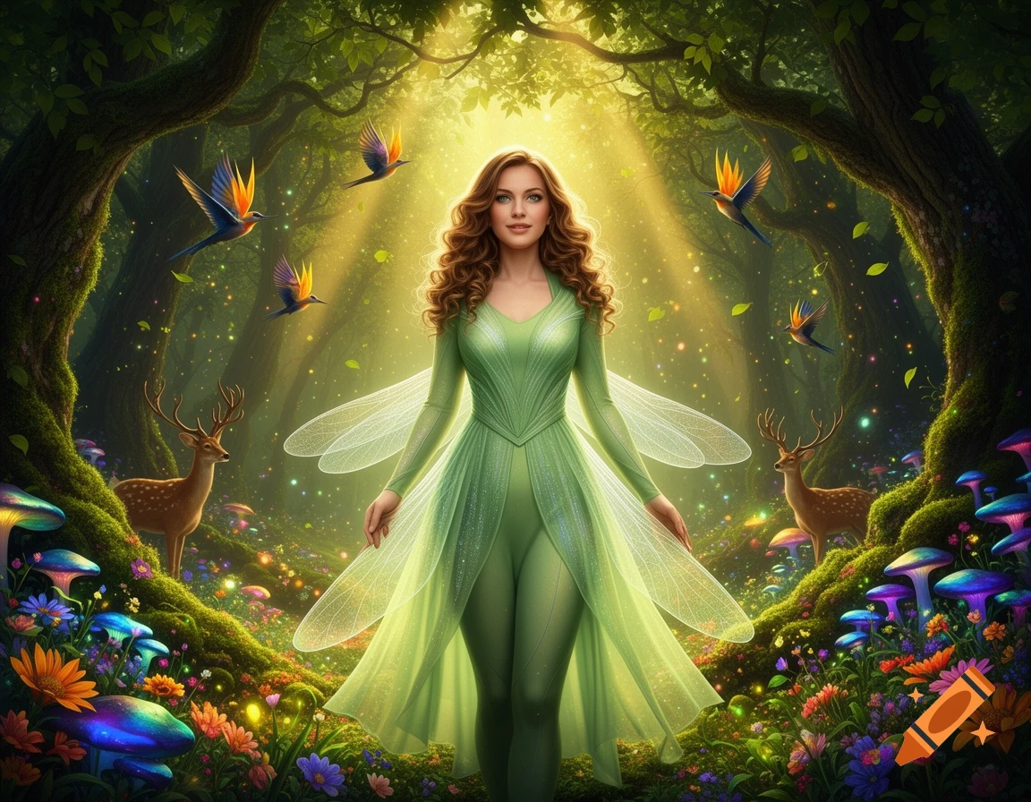A fairy in a green dress and wings stands in a magical forest with glowing mushrooms, deer, and colorful birds.