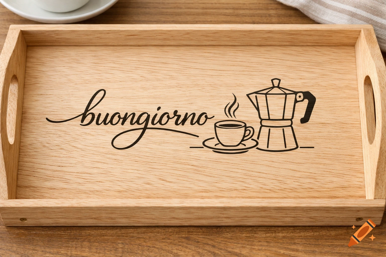 A light wood breakfast tray with black line art of 'buongiorno' text, a steaming espresso cup, and a moka pot.