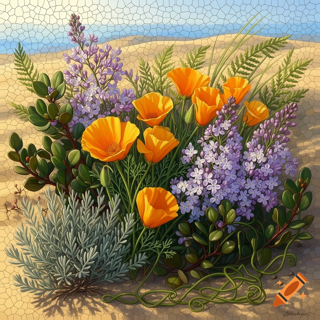A mosaic art piece depicting vibrant orange poppies and purple wildflowers growing in sandy dunes with an ocean horizon.