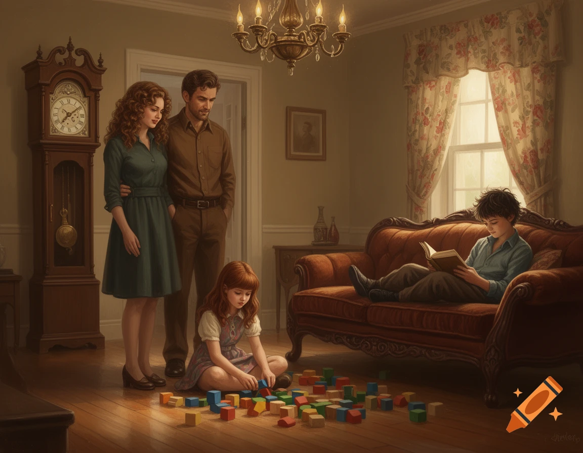 A brunette couple stands in a vintage living room, watching their red-haired daughter play with blocks on the floor. A boy reads on a couch.