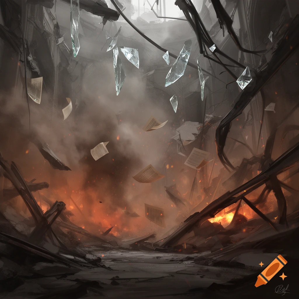 Dark digital painting of a building after an explosion, showing fire, smoke, debris, shattered glass, and floating papers.