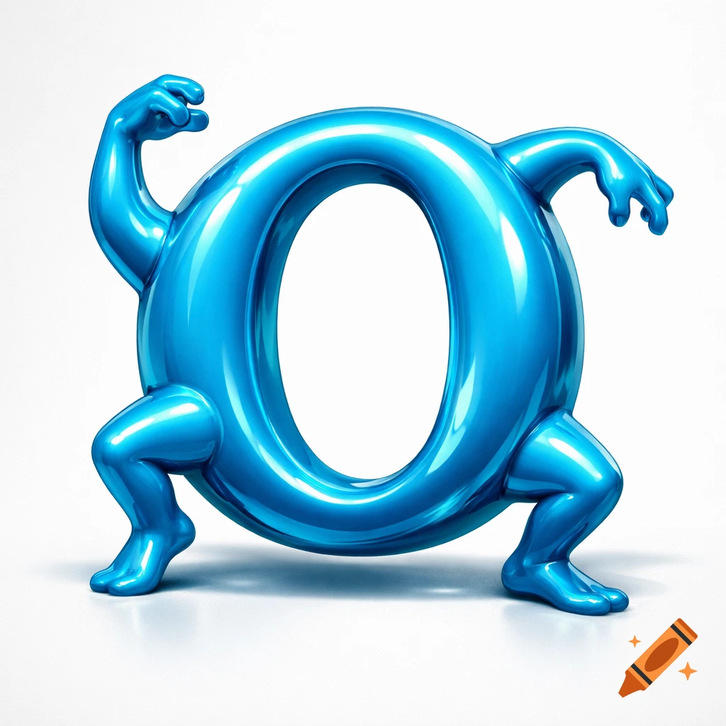 A glossy blue 3D letter O with arms and legs, standing on a white surface.