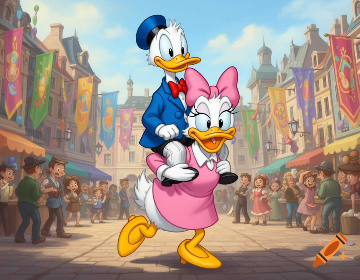 Donald Duck sits on Daisy Duck's shoulders in a lively cartoon town square with colorful banners and crowds.