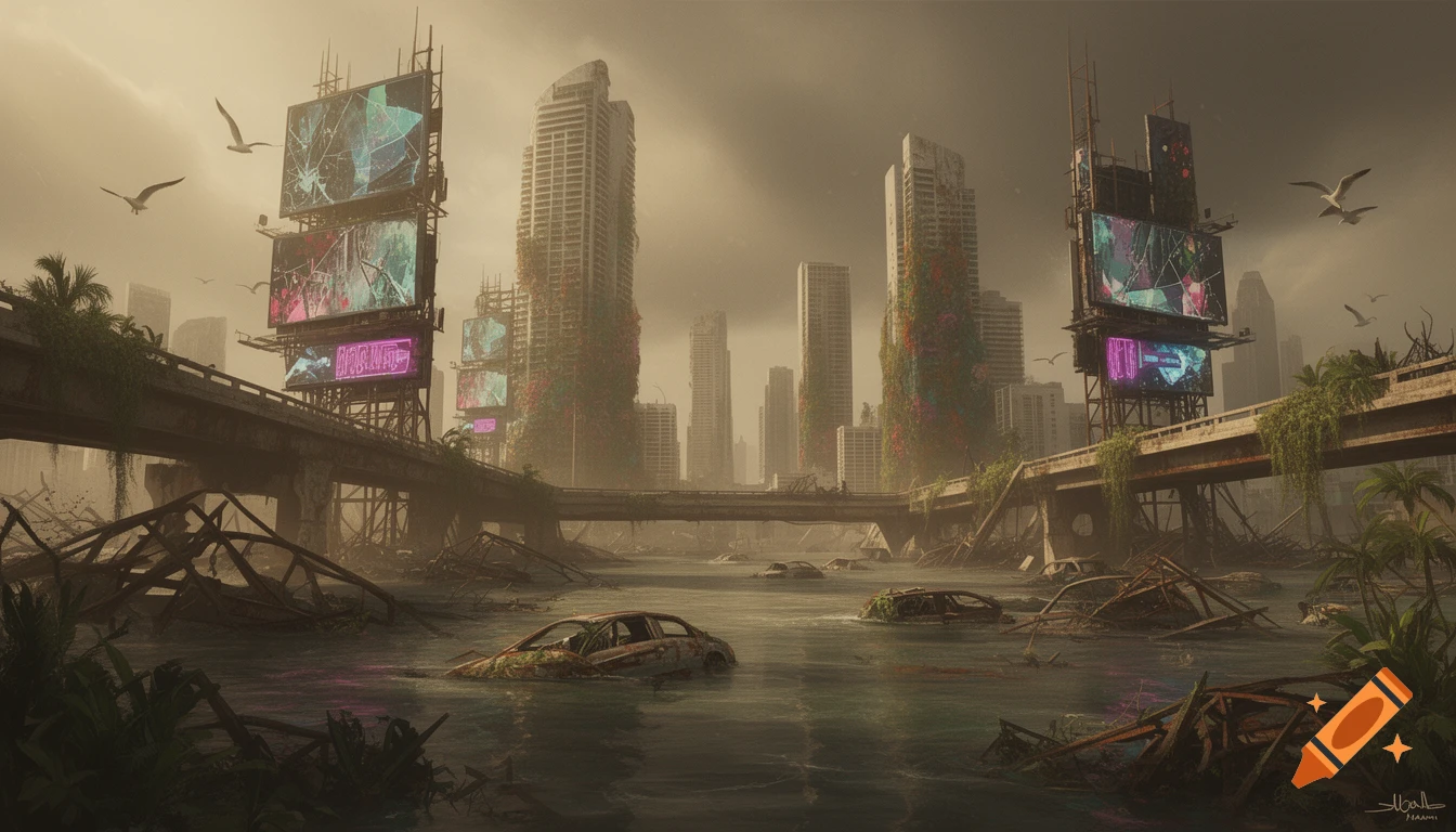 Dystopian city ruins with flooded streets, submerged cars, overgrown skyscrapers, and broken neon billboards under a hazy sky.