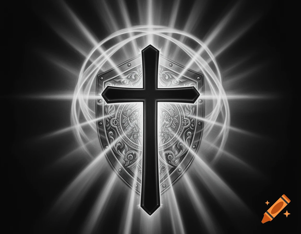 Cross Radiating Black Background A glowing cross in front of an ornate shield, rendered in black and ...