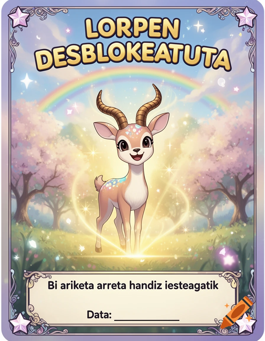A cute, magical gazelle with sparkling eyes smiles on a colorful collectible card with a rainbow, stars, and blooming trees.
