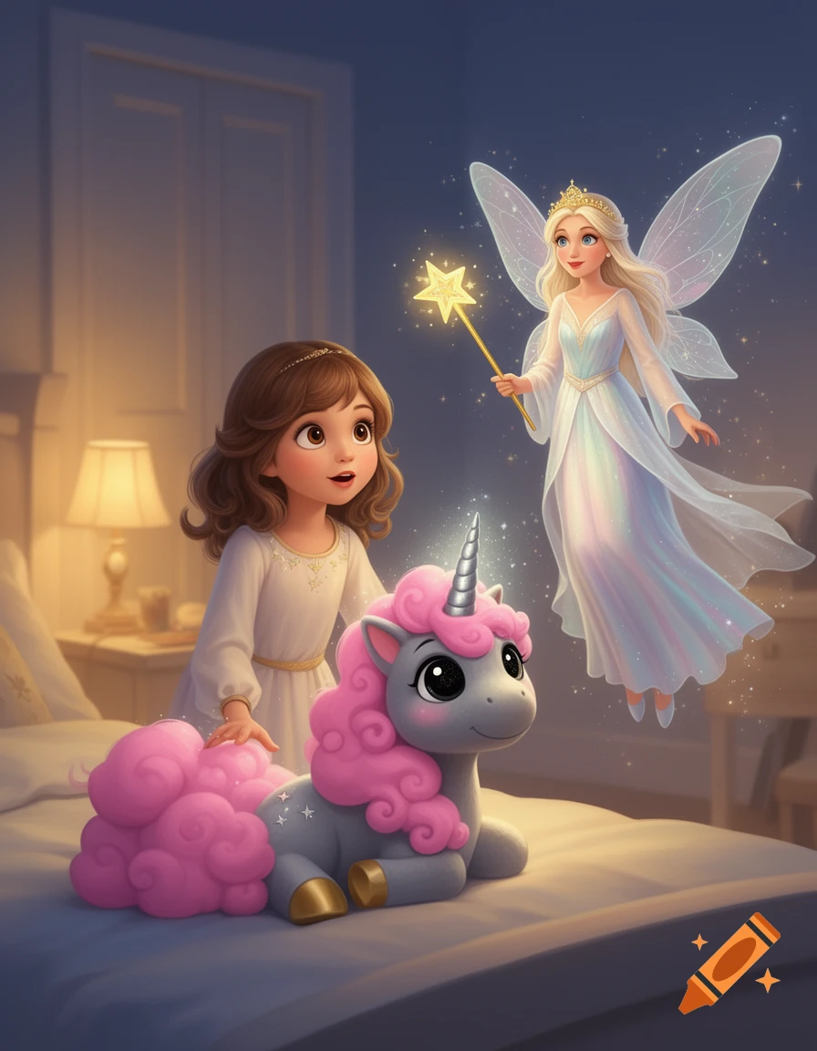 A young girl looks up in wonder at a fairy with glowing wings holding a star wand, next to a plush unicorn on a bed in a whimsical, magical bedroom.