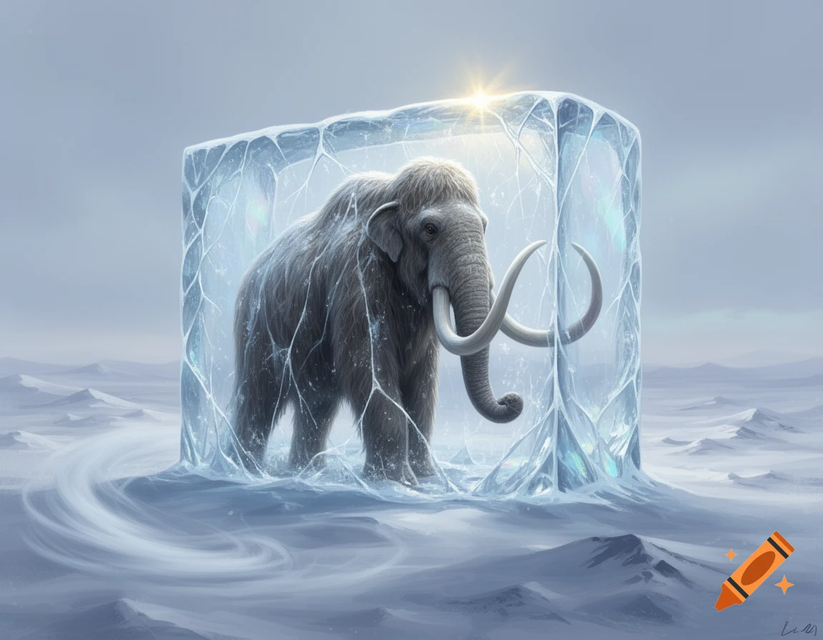 A realistic illustration of a woolly mammoth trapped inside a shimmering block of ice in a vast, snowy, prehistoric landscape.