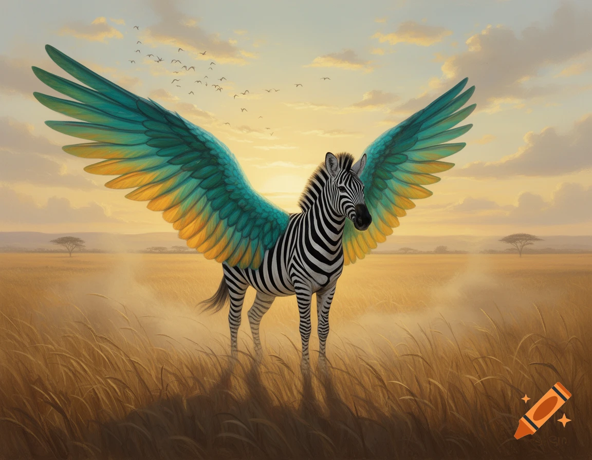 A majestic zebra with large, vibrant teal and yellow wings stands in a golden savanna under a sunset sky with flying birds.