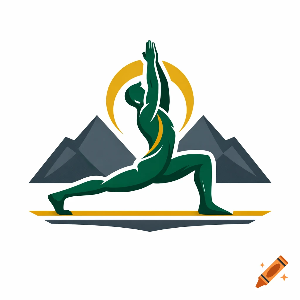 Stylized green yoga logo featuring a person in a warrior pose against mountains and a yellow crescent sun.