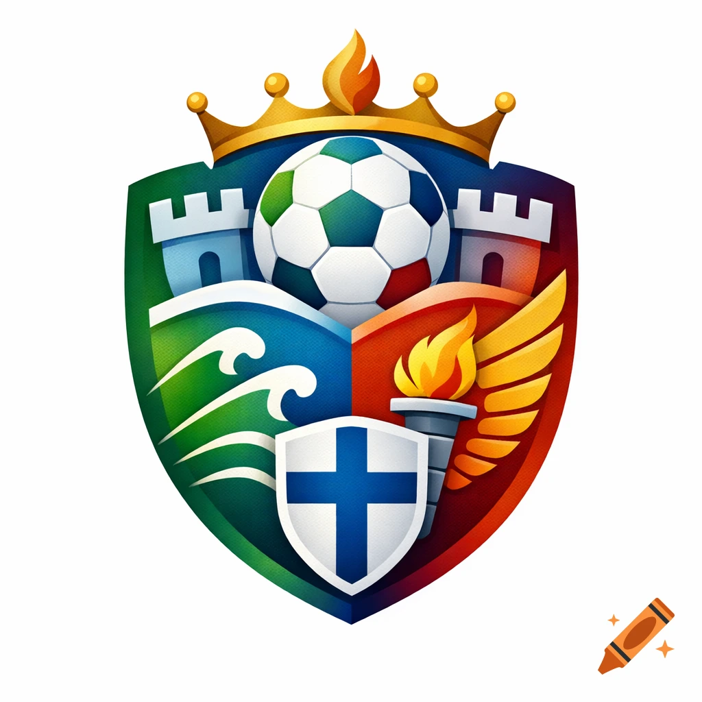 A colorful, modern football club logo shield with a golden crown, featuring a soccer ball, castles, waves, a torch, and a cross emblem.