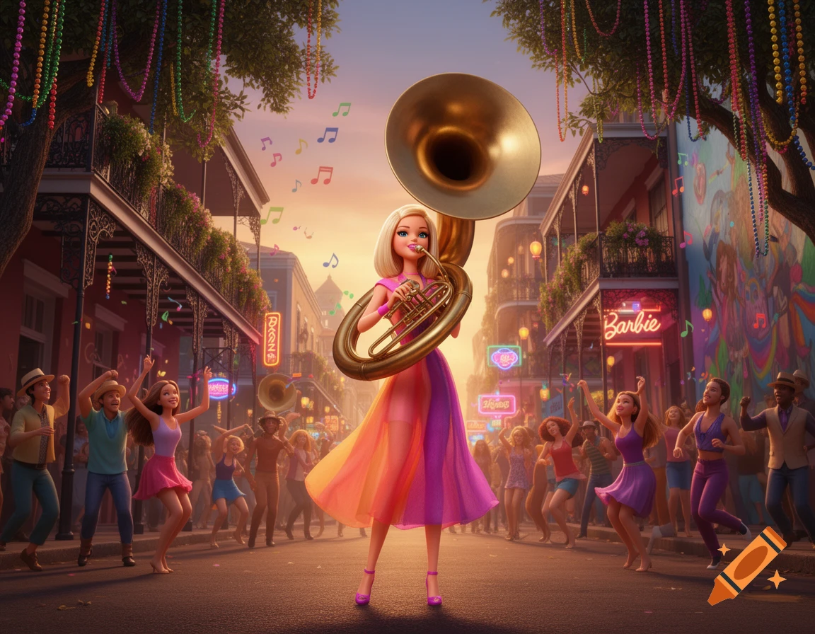 Barbie plays a bronze sousaphone in a vibrant New Orleans street parade with people dancing.
