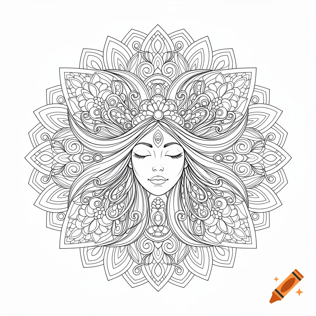 Detailed black and white line art of a woman's face with closed eyes and flowing hair, centered within an intricate symmetrical mandala design for coloring.