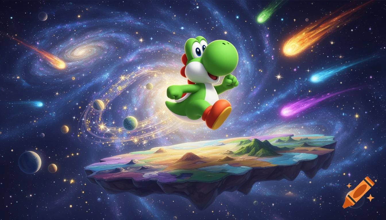 Yoshi jumps over a colorful floating island in a vibrant galaxy with planets, stars, and shooting stars.