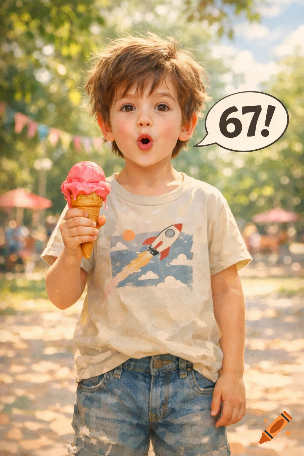 A surprised young boy with brown hair holds a melting pink ice cream cone, a speech bubble saying '67!' floats nearby in a sunny park.