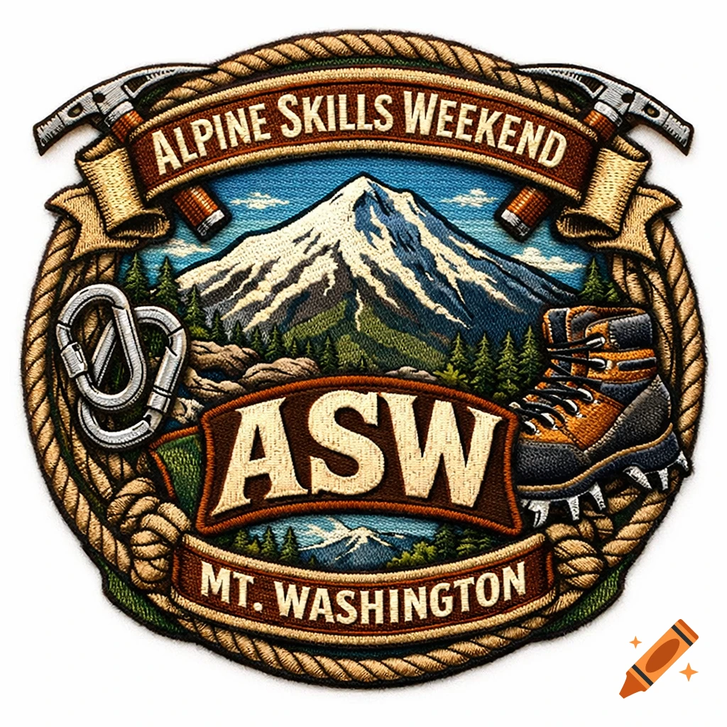 An embroidered patch for "Alpine Skills Weekend (ASW) Mt. Washington" featuring a snowy mountain, pine trees, climbing gear, and a hiking boot.