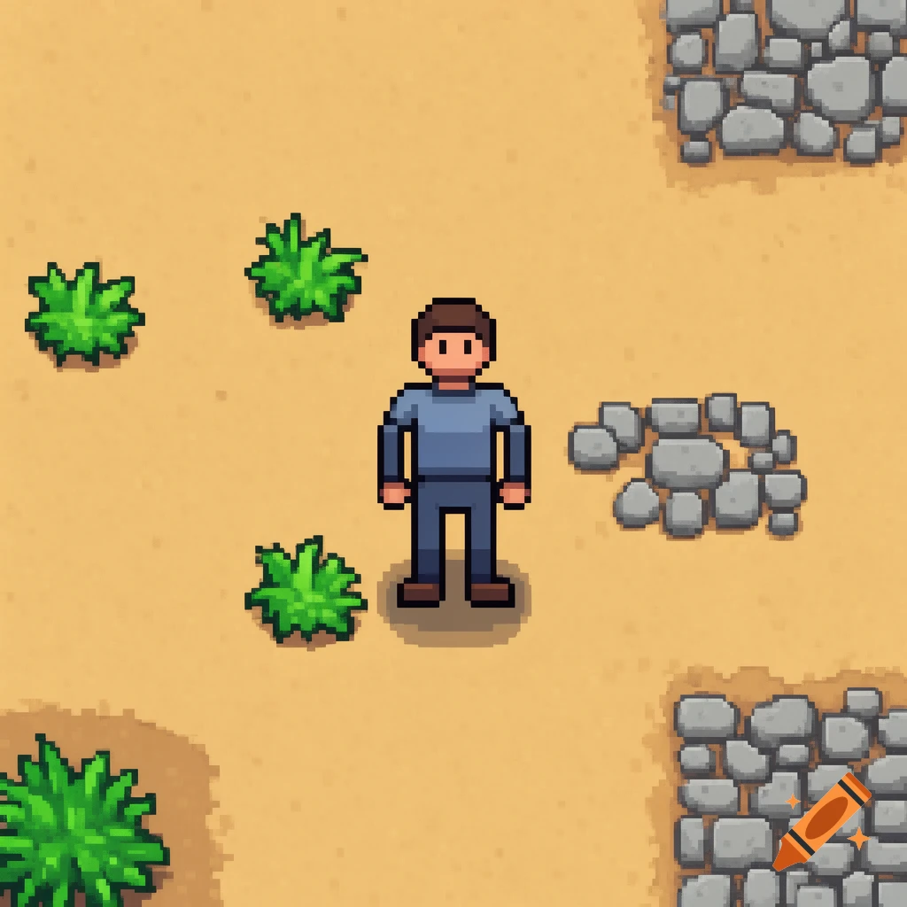 A 2D top-down pixel art character wearing a blue shirt and pants stands on sand, surrounded by green bushes and grey rocks.