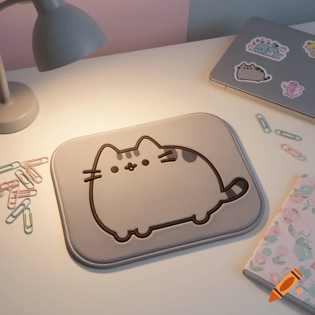 A gray Pusheen cat mouse pad on a white desk, with a laptop, desk lamp, and paper clips nearby.