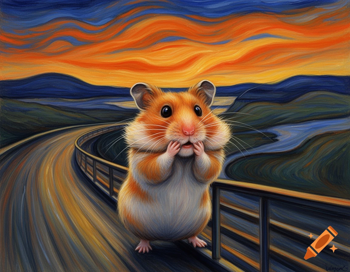 A wide-eyed hamster mimics The Scream painting on a winding road with a vibrant, wavy orange and blue sky.