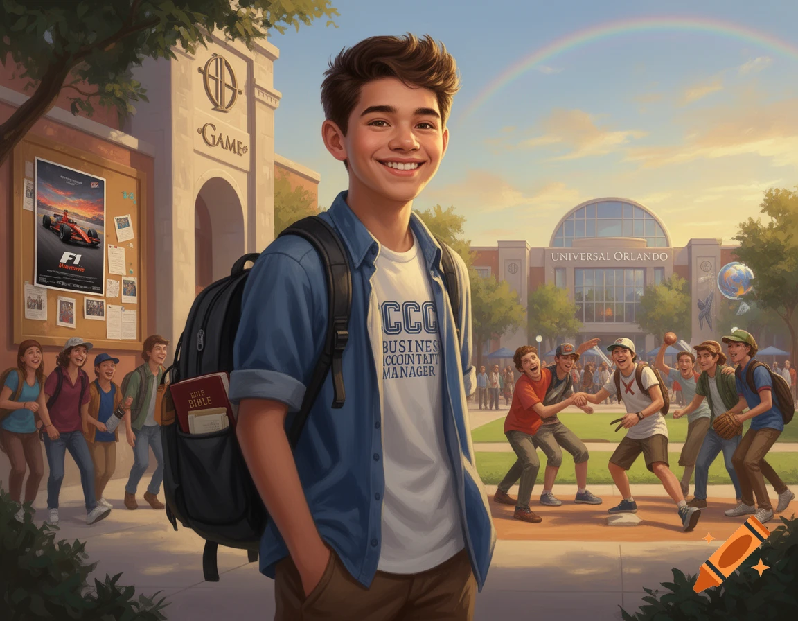 A smiling young man with a backpack stands on a college campus with students in the background playing baseball and a rainbow in the sky. Buildings read "GAME" and "UNIVERSAL ORLANDO".