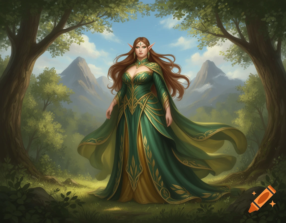 A plus-size elf queen with long brown hair, wearing a green and gold gown, stands in a sunlit fantasy forest with mountains.