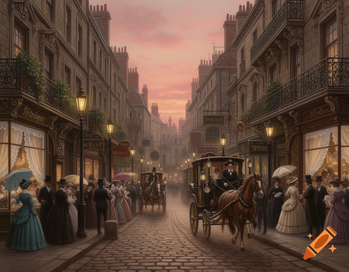 A detailed painting of a bustling Victorian street at sunset, with horse-drawn carriages and people in period clothing walking past shops.
