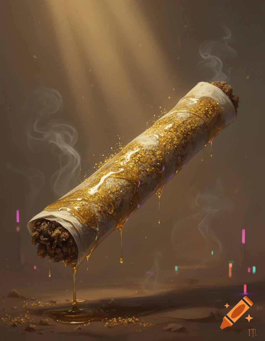 A large cannabis joint, coated in golden hash oil and pollen, drips onto a dusty surface with smoke curling upwards under dramatic lighting.
