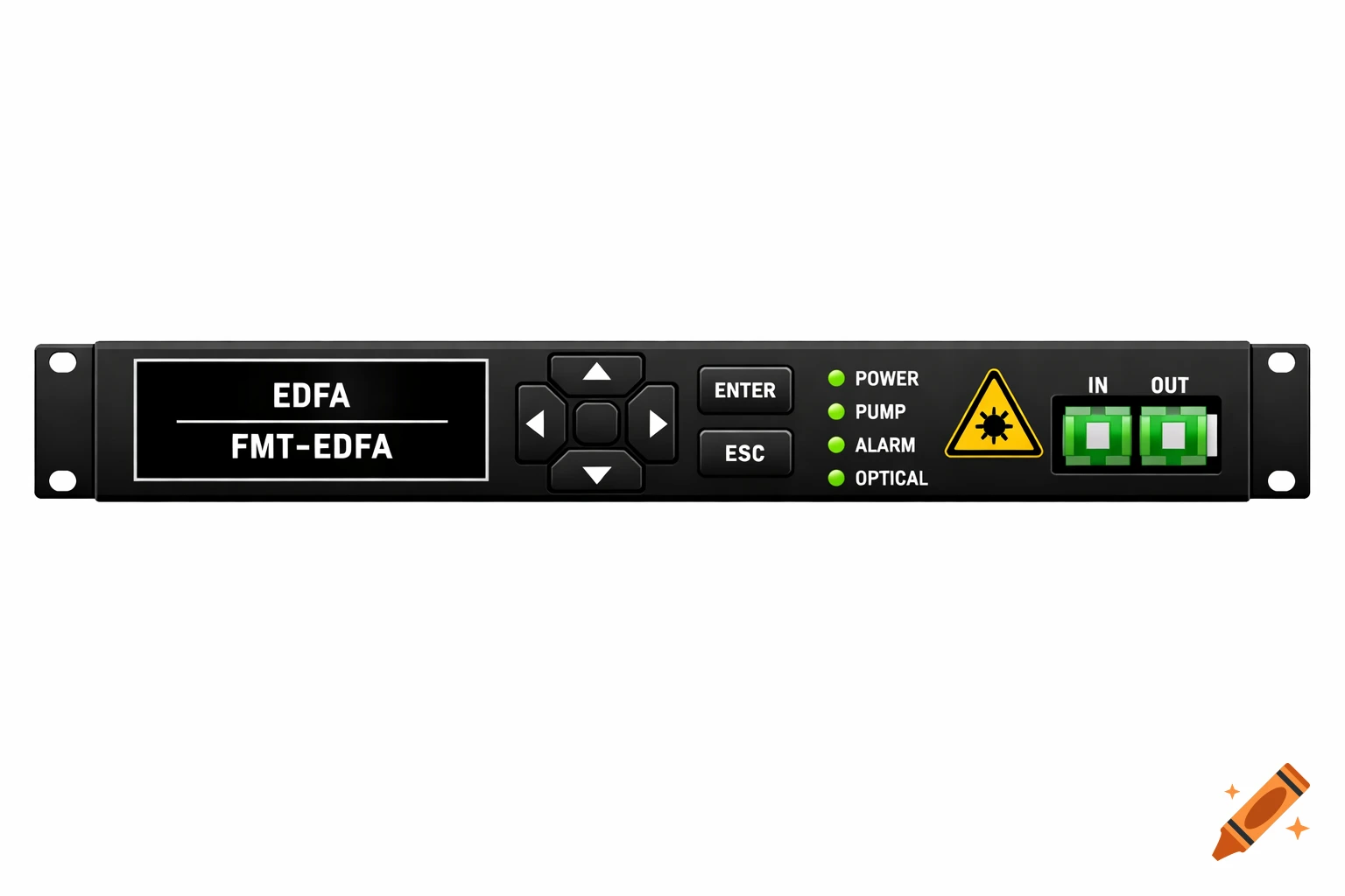 A black 19-inch rack device with a display showing EDFA, control buttons, status LEDs, a laser warning, and IN/OUT ports.