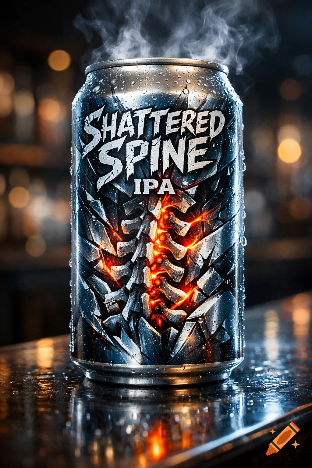 A photorealistic close-up of a cold, condensation-covered 'Shattered Spine IPA' can with smoke rising, on a bar surface.